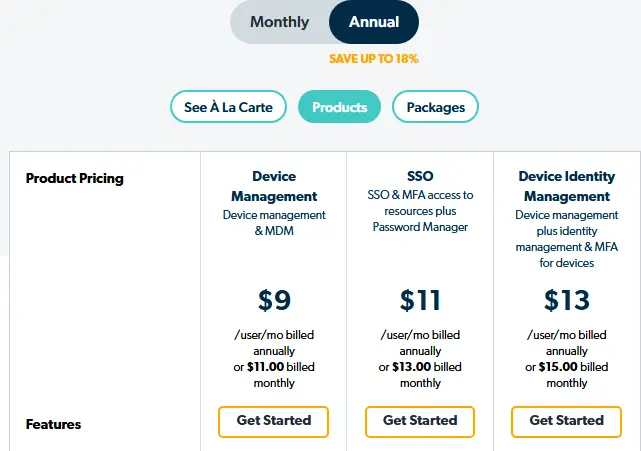 JumpCloud pricing page showing package tiers